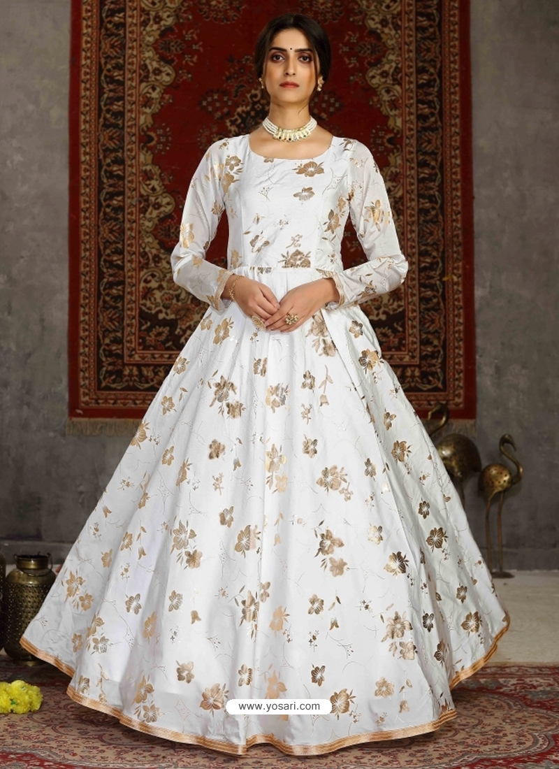 White Designer Party Wear Anarkali Long Gown