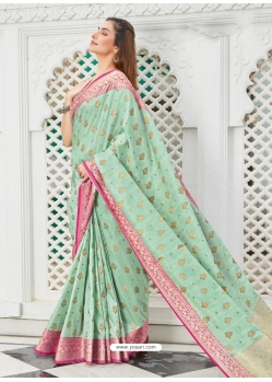 Aqua Mint Designer Party Wear Cotton Handloom Sari