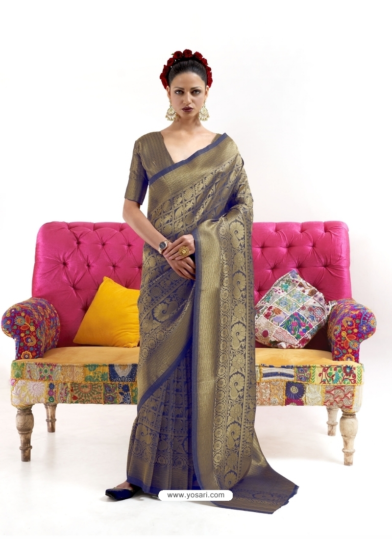 Dark Blue Latest Designer Nylon Two Tone Softy Silk Traditional Wear Sari