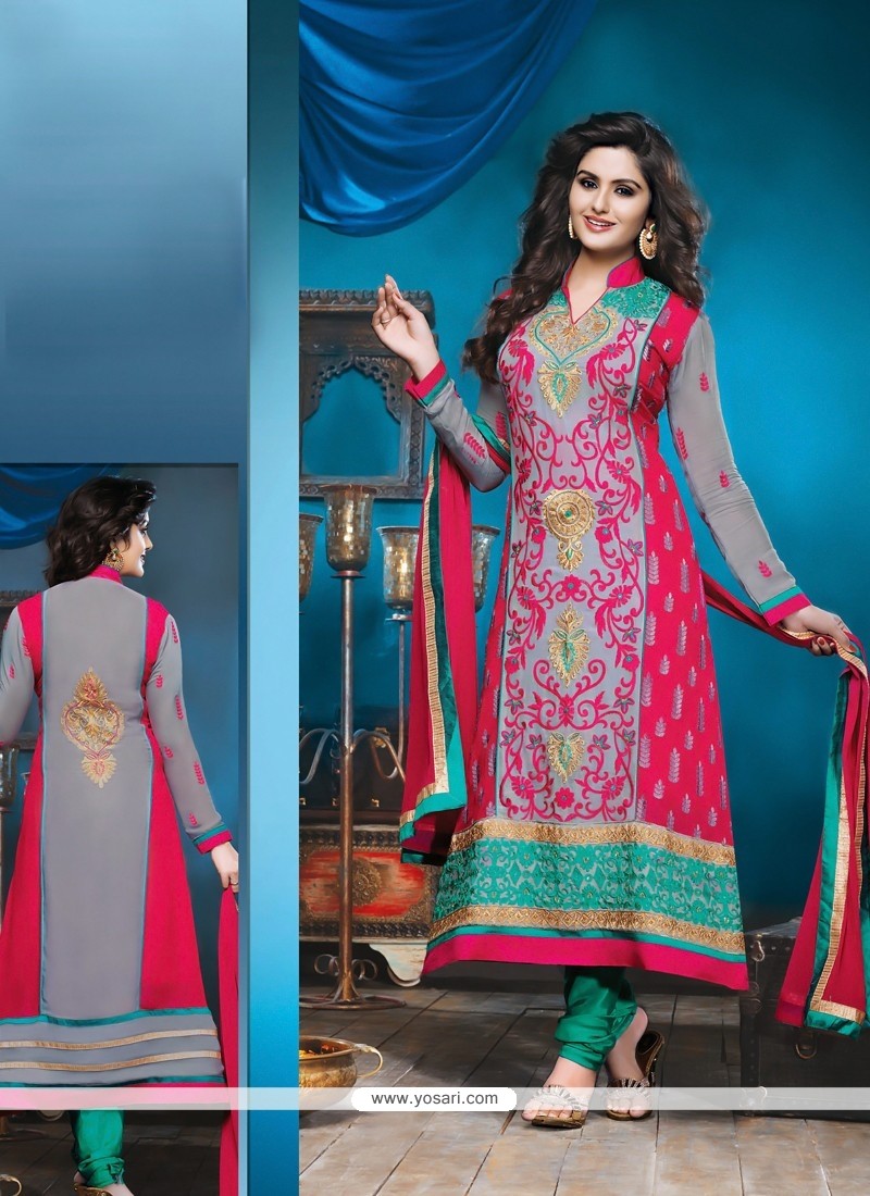 Flawless Grey And Pink Shaded Bamber Churidar Suit