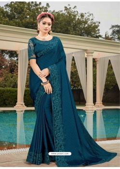 Teal Blue Latest Designer Silk Satin Party Wear Sari