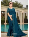 Teal Blue Latest Designer Silk Satin Party Wear Sari