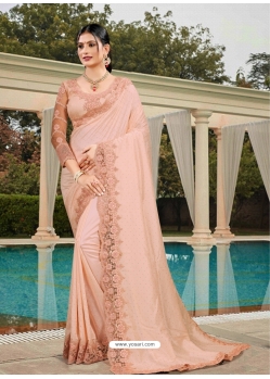Light Orange Latest Designer Silk Satin Party Wear Sari