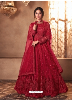 Crimson Mesmeric Designer Party Wear Butterfly Net Gown Style Anarkali Suit