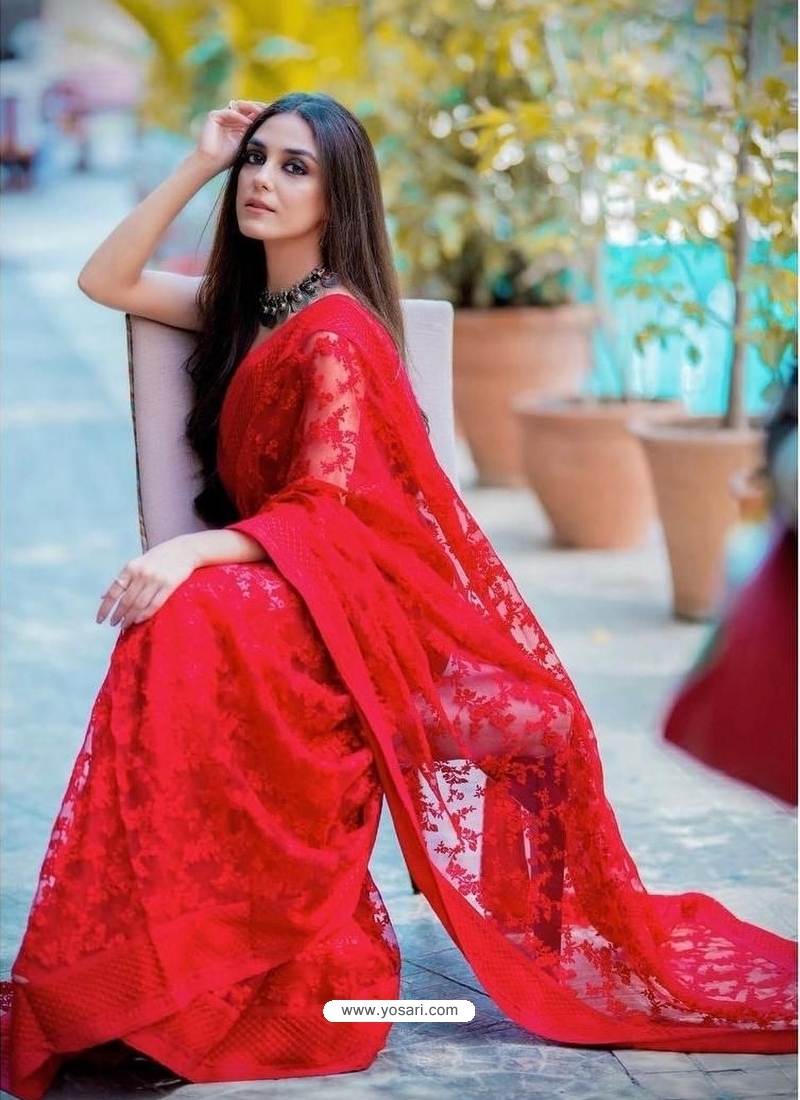 Red Traditional Premium Super Net Heavy Designer Sari