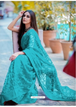 Turquoise Traditional Premium Super Net Heavy Designer Sari