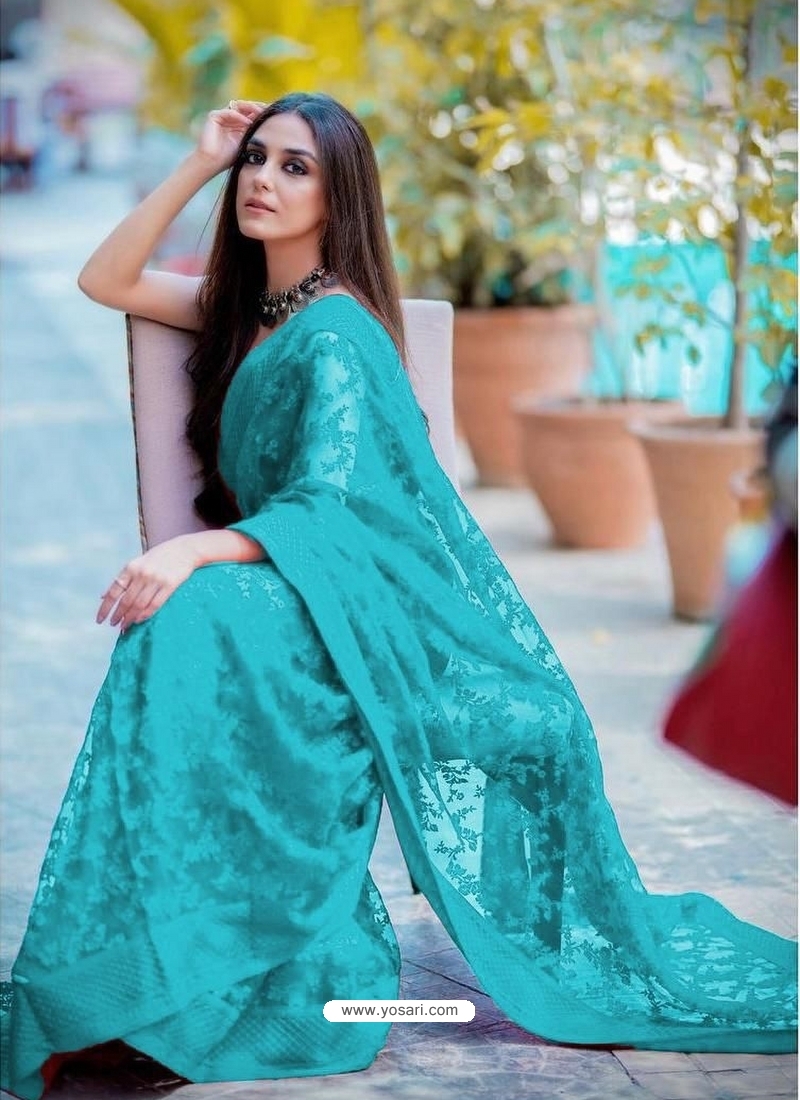 Turquoise Traditional Premium Super Net Heavy Designer Sari