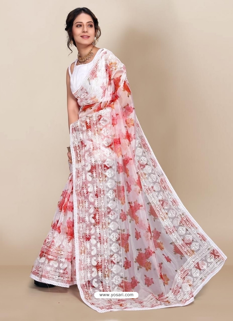 White Premium Organza With Digital Printed And Embroidered Sari