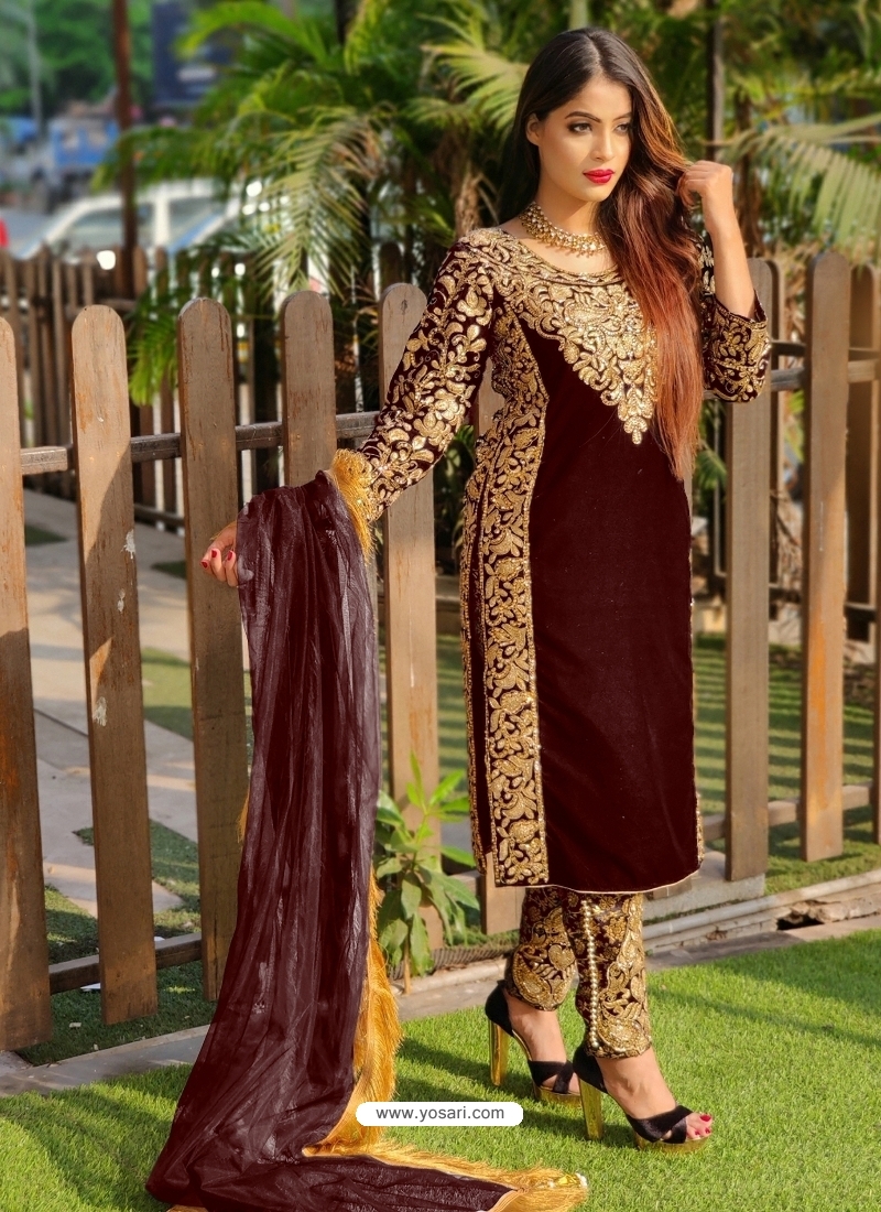 Coffee Designer Party Wear Velvet Pakistani Suit