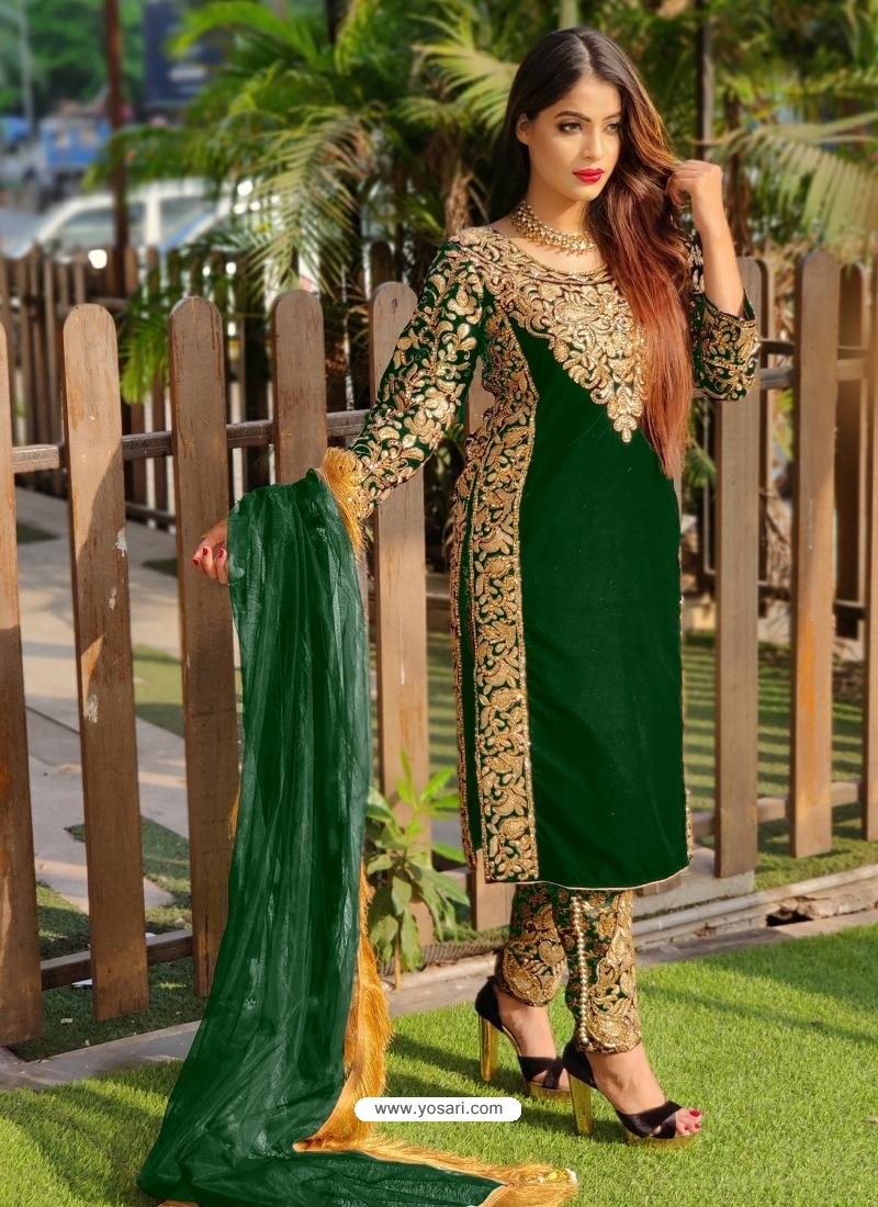 Forest Green Designer Party Wear Velvet Pakistani Suit