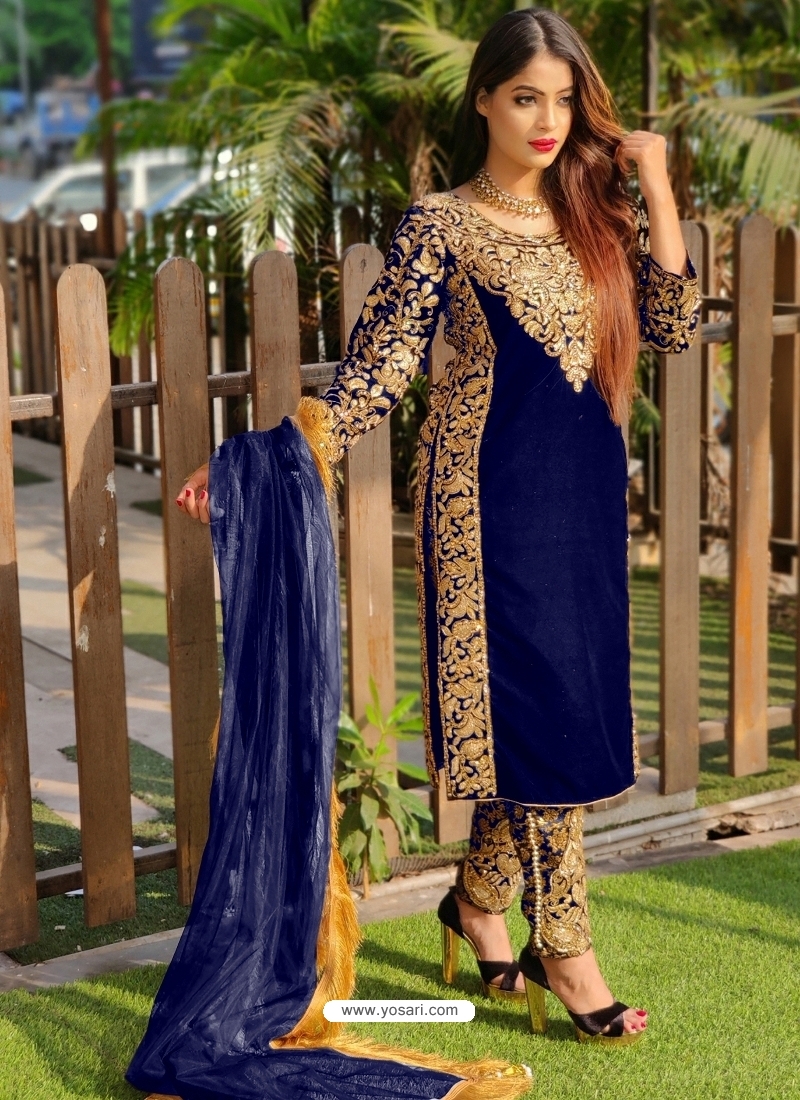 Dark Blue Designer Party Wear Velvet Pakistani Suit