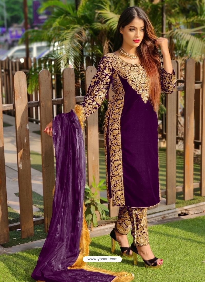 Buy Purple Designer Party Wear Velvet Pakistani Suit | Pakistani Suits
