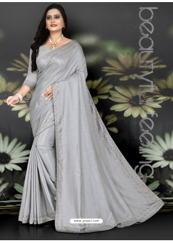 Light Grey Designer Party Wear Dola Silk Sari