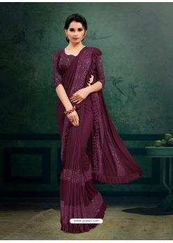 Deep Wine Designer Party Wear Imported Silk Lycra Sari