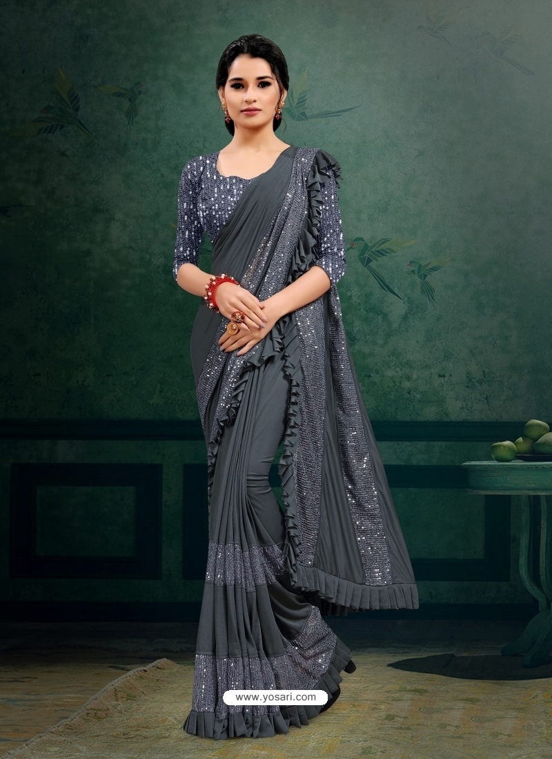 Grey Designer Party Wear Imported Silk Lycra Sari