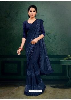 Navy Blue Designer Party Wear Imported Silk Lycra Sari