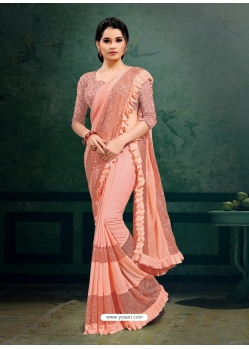 Light Orange Designer Party Wear Imported Silk Lycra Sari