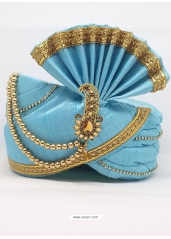Blue Designer Dupion Silk Wedding Turban