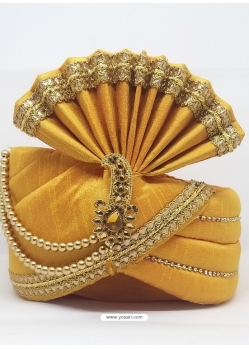Yellow Designer Dupion Silk Wedding Turban