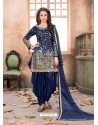 Dark Blue Latest Designer Tafeta Silk Punjabi Patiala Suit