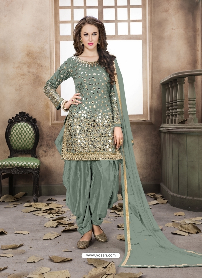 Grayish Green Latest Designer Tafeta Silk Punjabi Patiala Suit