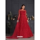 Tomato Red Designer Party Wear Butterfly Net Indo Western Suit