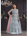 Aqua Grey Designer Party Wear Butterfly Net Indo Western Suit