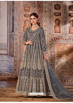 Grey Latest Designer Wedding Wear Anarkali Suit