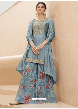 Aqua Grey Designer Party Wear Pure Muslin Palazzo Salwar Suit