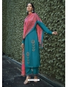Teal Blue Designer Party Wear Pure Viscose Silk Straight Salwar Suit