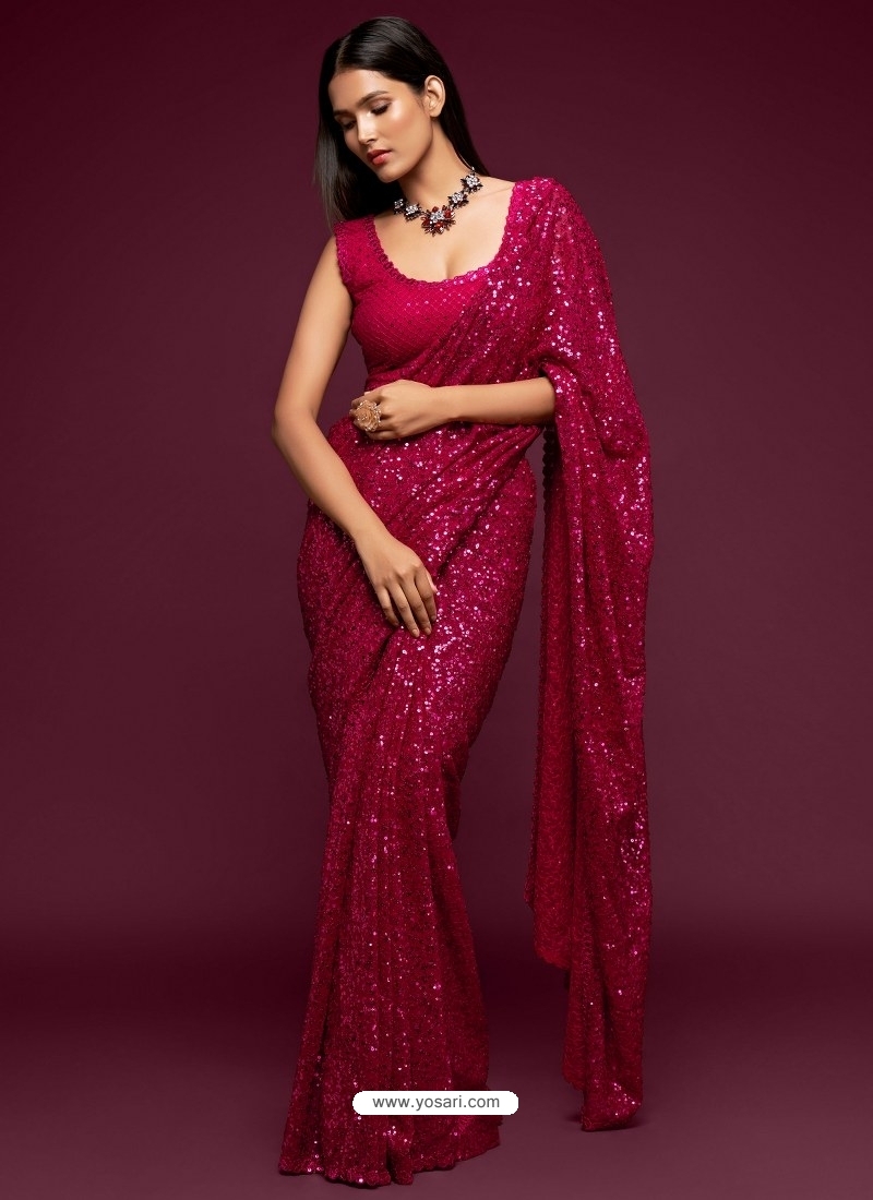 Rose Red Designer Party Wear Georgette Sari