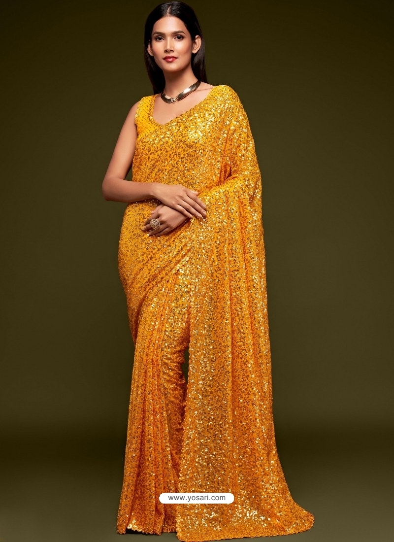 Yellow Designer Party Wear Georgette Sari