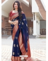 Dark Blue Designer Party Wear Silk Sari