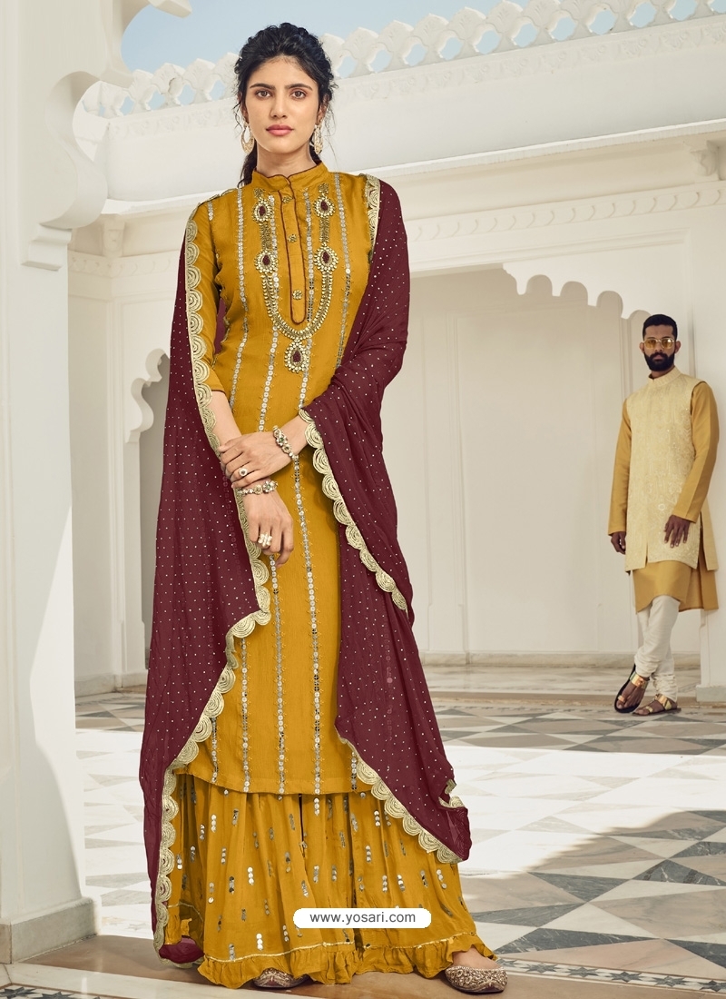 Buy Partywear Yellow Salwar Suit with Brocade Work Online -  lovelyweddingmall.com