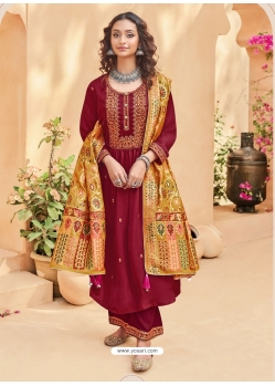 Maroon Heavy Designer Wedding Pure Kuntal Silk Salwar Suit