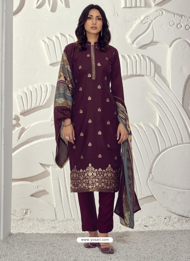 Deep Wine Designer Festive Wear Pure Maslin Jacquard Salwar Suit