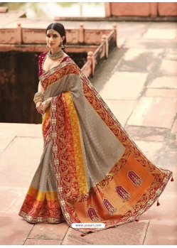Taupe Designer Traditional Wear Pure Dola Silk Sari