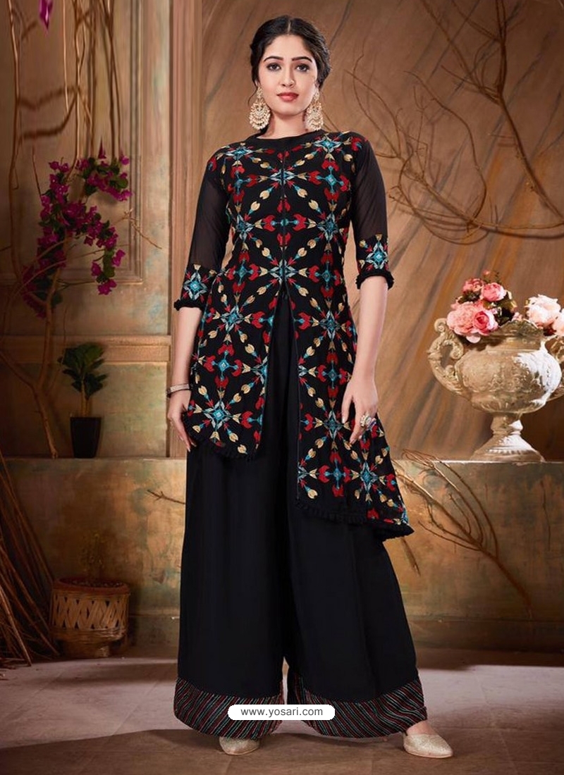 Navy Blue Readymade Faux Georgette Indo-Western Suit