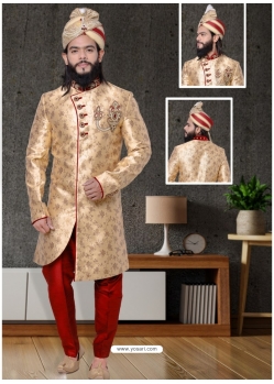 Cream Exclusive Readymade Designer Indowestern Sherwani