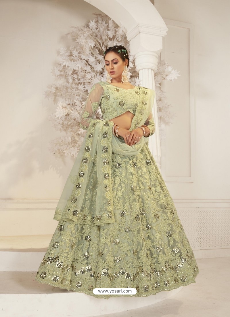 Olive Green Designer Bridal Wear Net Lehenga Choli