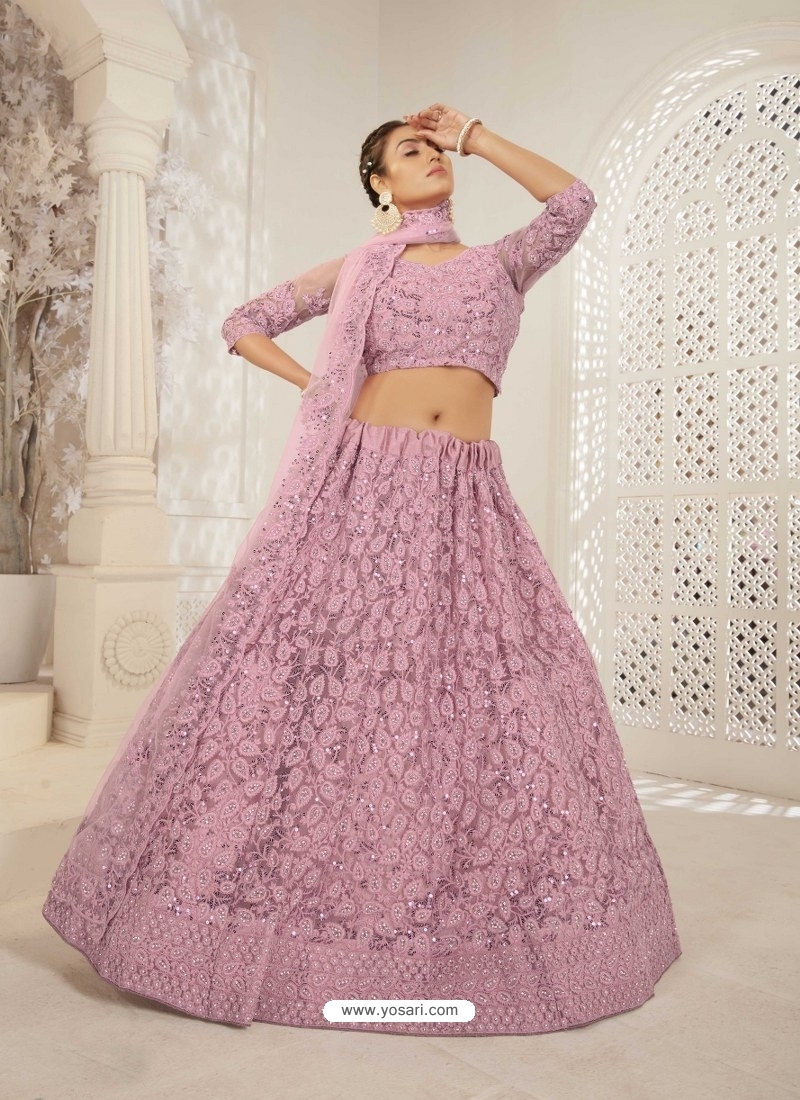 Dusty Pink Designer Bridal Wear Net Lehenga Choli