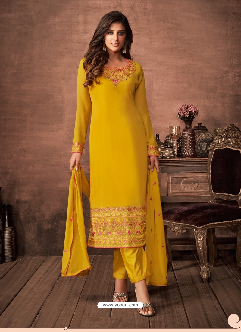 Yellow Designer Party Wear Faux Georgette Straight Salwar Suit
