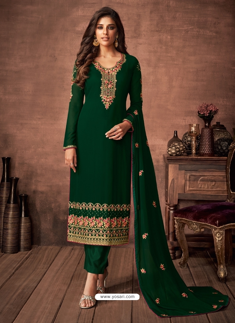 Dark Green Designer Party Wear Faux Georgette Straight Salwar Suit