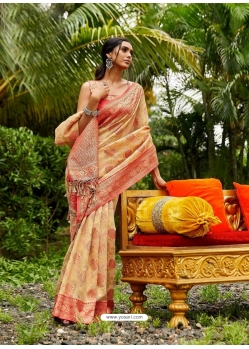 Cream Designer Wedding Wear Soft Silk Sari