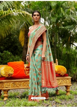 Aqua Mint Designer Wedding Wear Soft Silk Sari