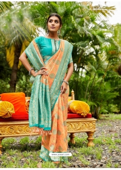 Light Orange Designer Wedding Wear Soft Silk Sari