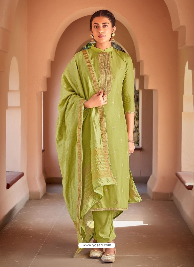 Parrot Green Embroidery Work Mother Daughter Salwar Suit Combo