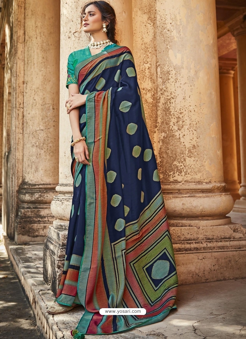 Navy Blue Designer Party Wear Silk Sari