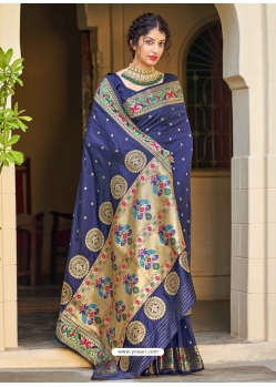 Dark Blue Designer Wedding Wear Banarasi Soft Silk Sari