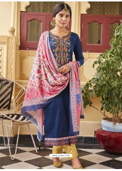 Dark Blue Designer Cotton Satin Salwar Suit